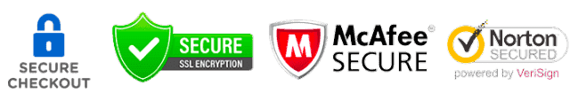 Secure Checkout, Secure SSL Encryption, McAfee Secure, Norton powered by VeriSign